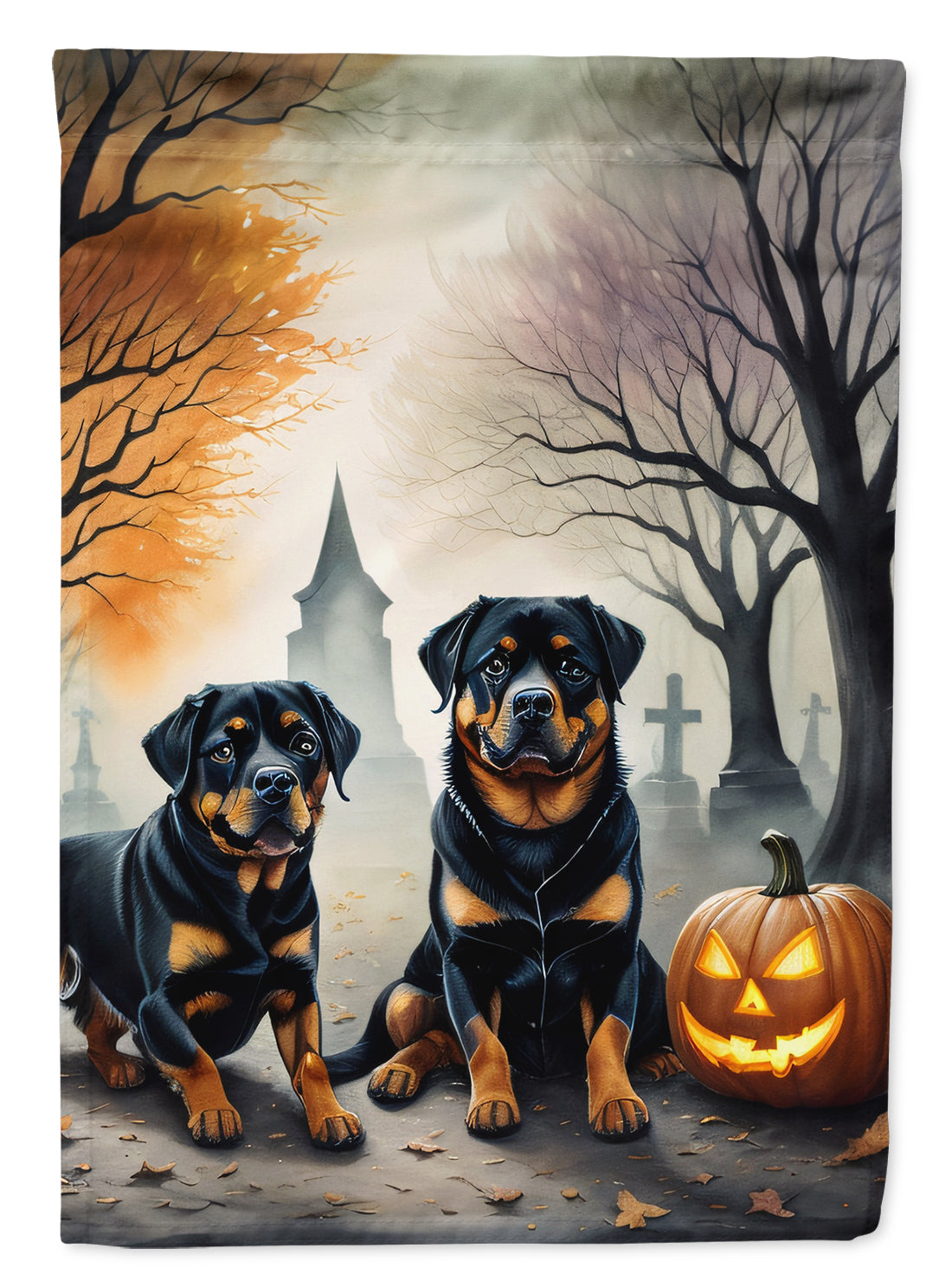 Rottweiler Spooky Halloween Garden Flag – Dog in Cemetery Scene