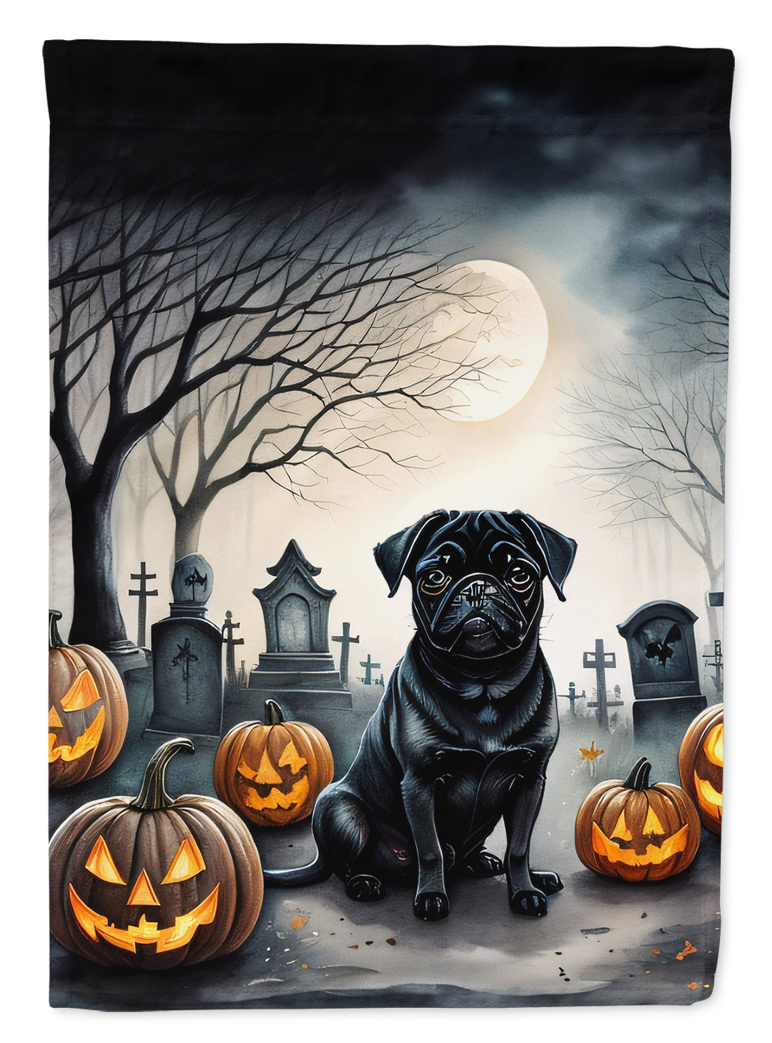 Black Pug Spooky Halloween Garden Flag – Dog in Cemetery Scene