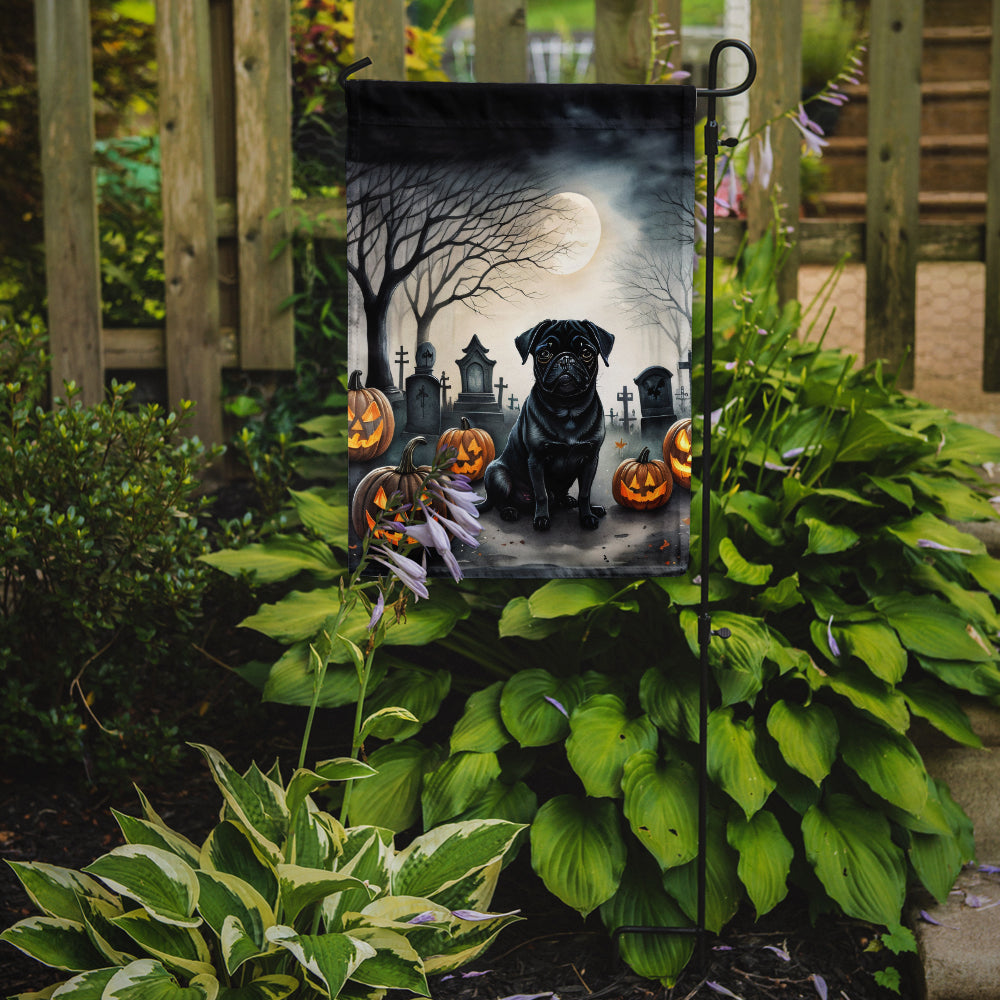 Black Pug Spooky Halloween Garden Flag – Dog in Cemetery Scene