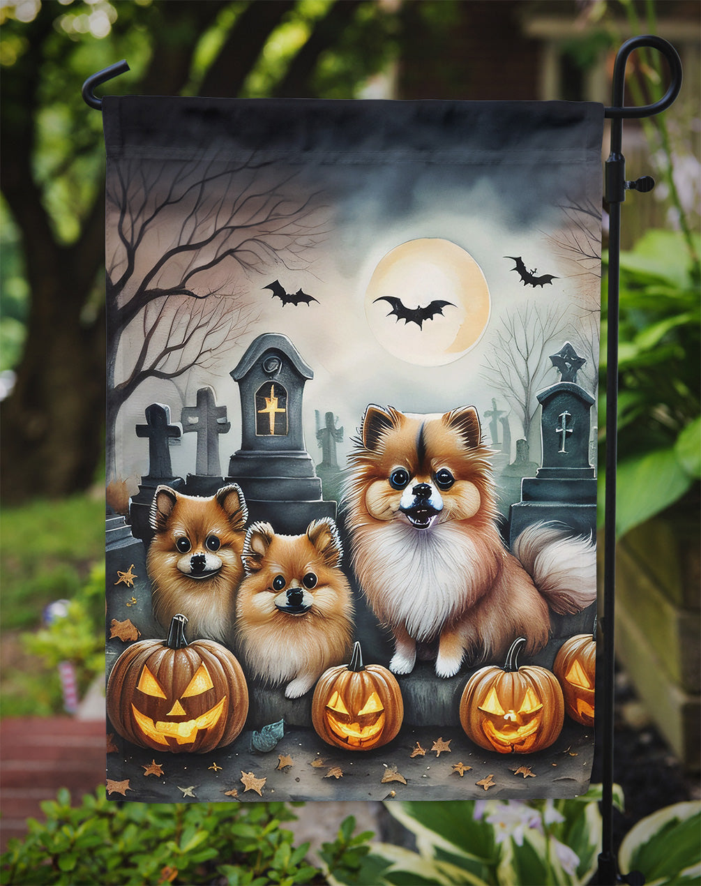 Pomeranian Spooky Halloween Garden Flag – Dog in Cemetery Scene
