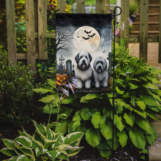 Old English Sheepdog Spooky Halloween Garden Flag – Dog in Cemetery Scene