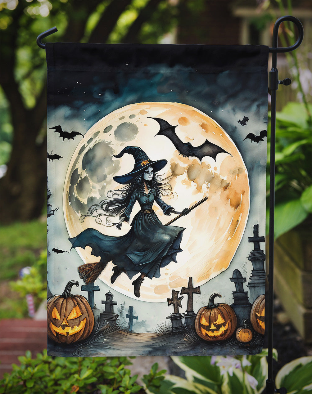 Flying Witch Spooky Halloween Garden Flag – Outdoor Decorative Yard Flag