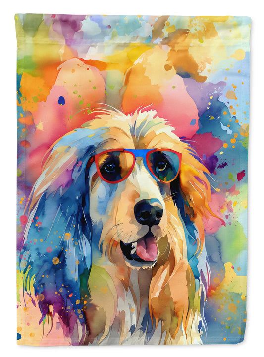 Afghan Hound Hippie Dawg Garden Flag – Retro Dog with Sunglasses & Multicolored Background