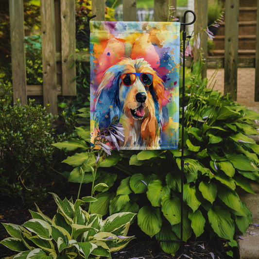 Afghan Hound Hippie Dawg Garden Flag – Retro Dog with Sunglasses & Multicolored Background