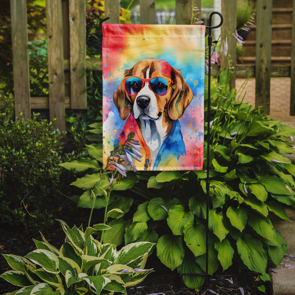 Beagle Hippie Dawg Garden Flag – Retro Dog with Sunglasses & Multicolored Background