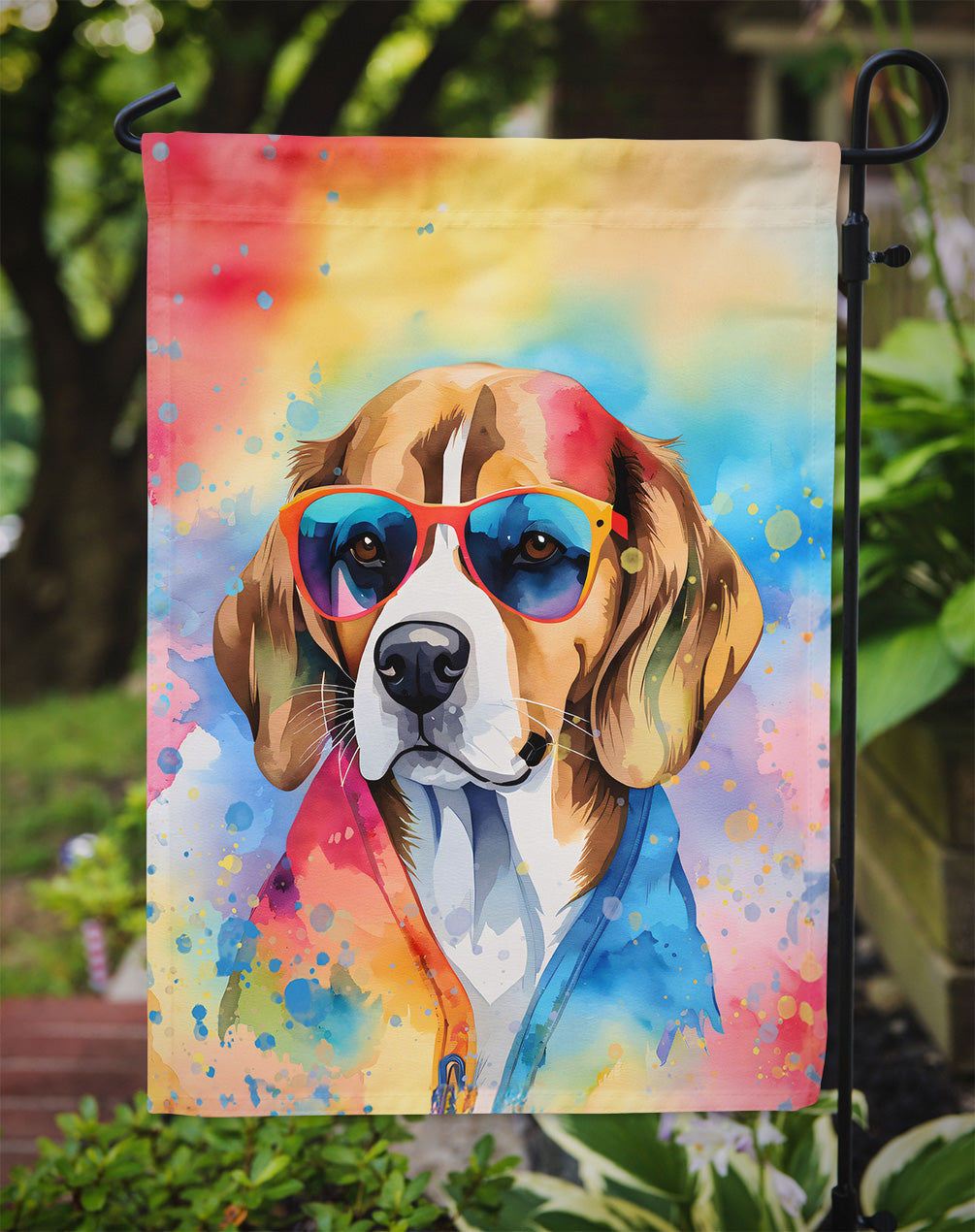 Beagle Hippie Dawg Garden Flag – Retro Dog with Sunglasses & Multicolored Background