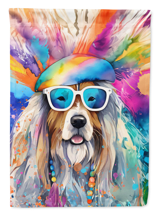 Bearded Collie Hippie Dawg Garden Flag – Retro Dog with Sunglasses & Multicolored Background