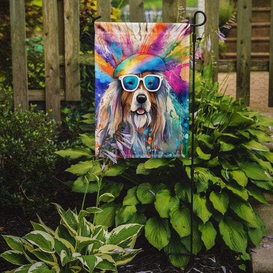 Bearded Collie Hippie Dawg Garden Flag – Retro Dog with Sunglasses & Multicolored Background