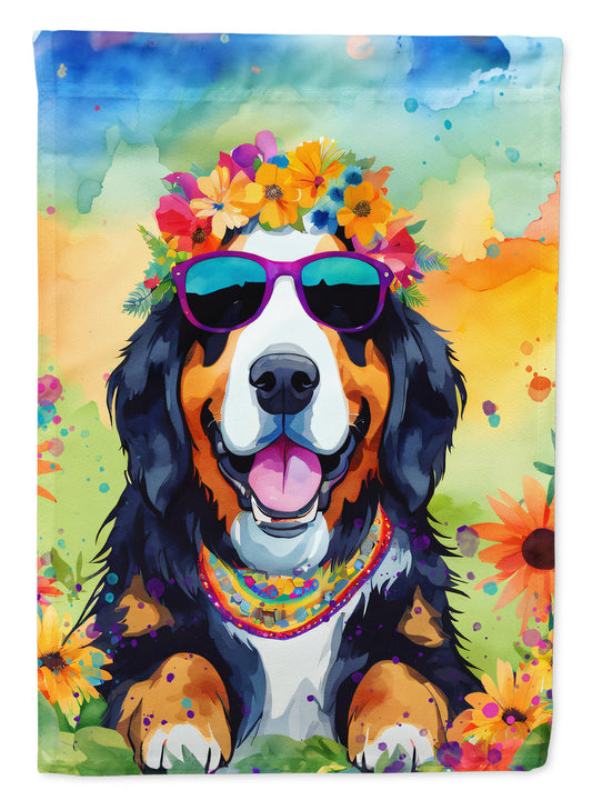 Bernese Mountain Dog Hippie Dawg Garden Flag – Retro Dog with Sunglasses & Multicolored Background