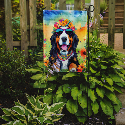 Bernese Mountain Dog Hippie Dawg Garden Flag – Retro Dog with Sunglasses & Multicolored Background