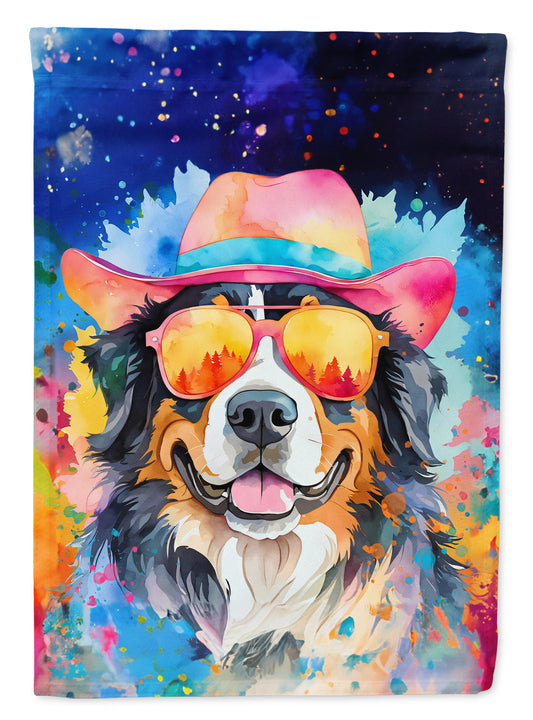 Bernese Mountain Dog Hippie Dawg Garden Flag – Retro Dog with Sunglasses & Multicolored Background