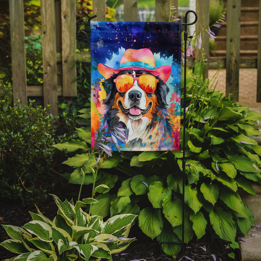 Bernese Mountain Dog Hippie Dawg Garden Flag – Retro Dog with Sunglasses & Multicolored Background