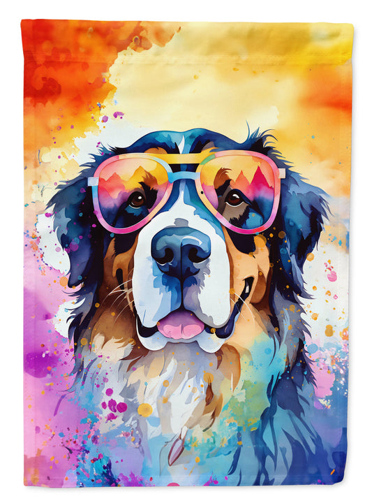 Bernese Mountain Dog Hippie Dawg Garden Flag – Retro Dog with Sunglasses & Multicolored Background