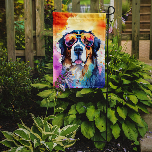 Bernese Mountain Dog Hippie Dawg Garden Flag – Retro Dog with Sunglasses & Multicolored Background