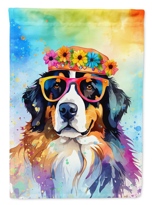 Bernese Mountain Dog Hippie Dawg Garden Flag – Retro Dog with Sunglasses & Multicolored Background