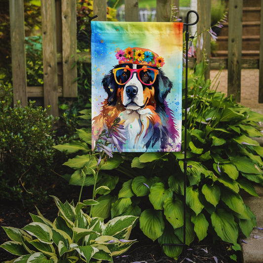 Bernese Mountain Dog Hippie Dawg Garden Flag – Retro Dog with Sunglasses & Multicolored Background