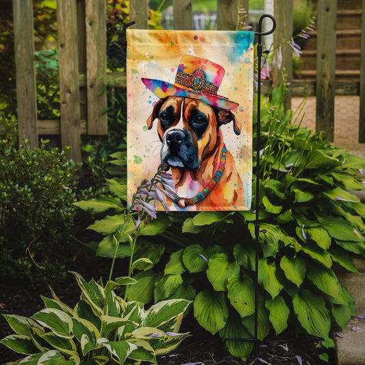 Boxer Hippie Dawg Garden Flag – Retro Dog with Sunglasses & Multicolored Background