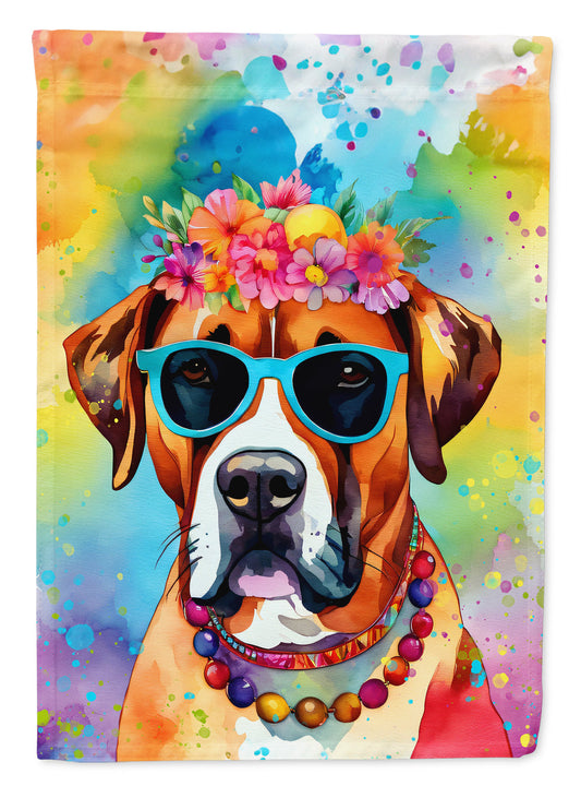 Boxer Hippie Dawg Garden Flag – Retro Dog with Sunglasses & Multicolored Background