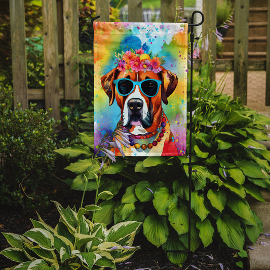 Boxer Hippie Dawg Garden Flag – Retro Dog with Sunglasses & Multicolored Background