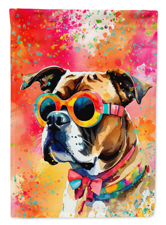 Boxer Hippie Dawg Garden Flag – Retro Dog with Sunglasses & Multicolored Background