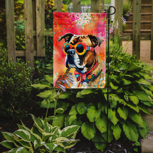 Boxer Hippie Dawg Garden Flag – Retro Dog with Sunglasses & Multicolored Background