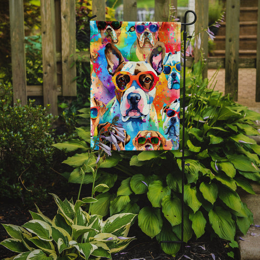 Boxer Hippie Dawg Garden Flag – Retro Dog with Sunglasses & Multicolored Background