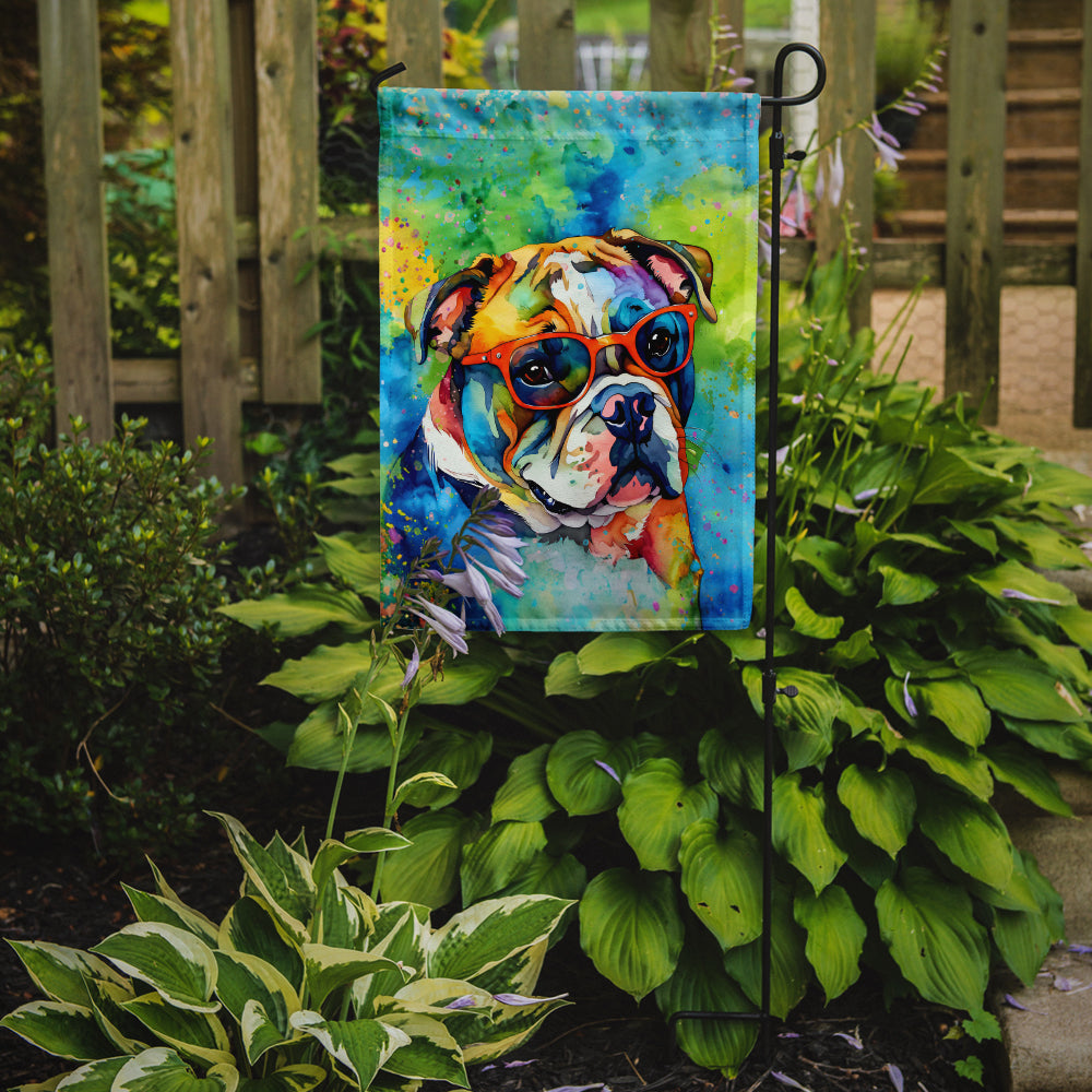 English Bulldog Hippie Dawg Garden Flag – Retro Dog with Sunglasses & Multicolored Background