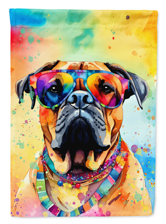 Bullmastiff Hippie Dawg Garden Flag – Retro Dog with Sunglasses & Multicolored Background