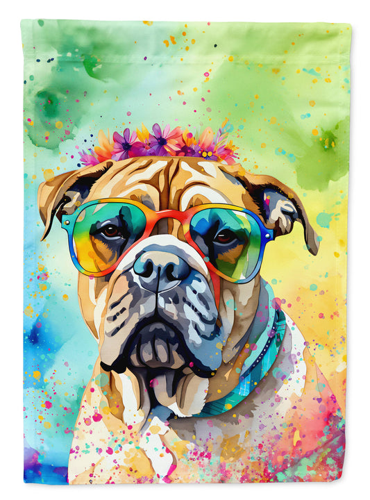 Bullmastiff Hippie Dawg Garden Flag – Retro Dog with Sunglasses & Multicolored Background
