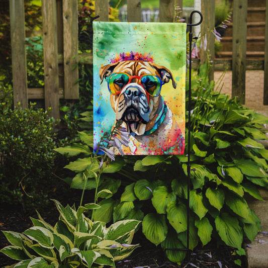 Bullmastiff Hippie Dawg Garden Flag – Retro Dog with Sunglasses & Multicolored Background