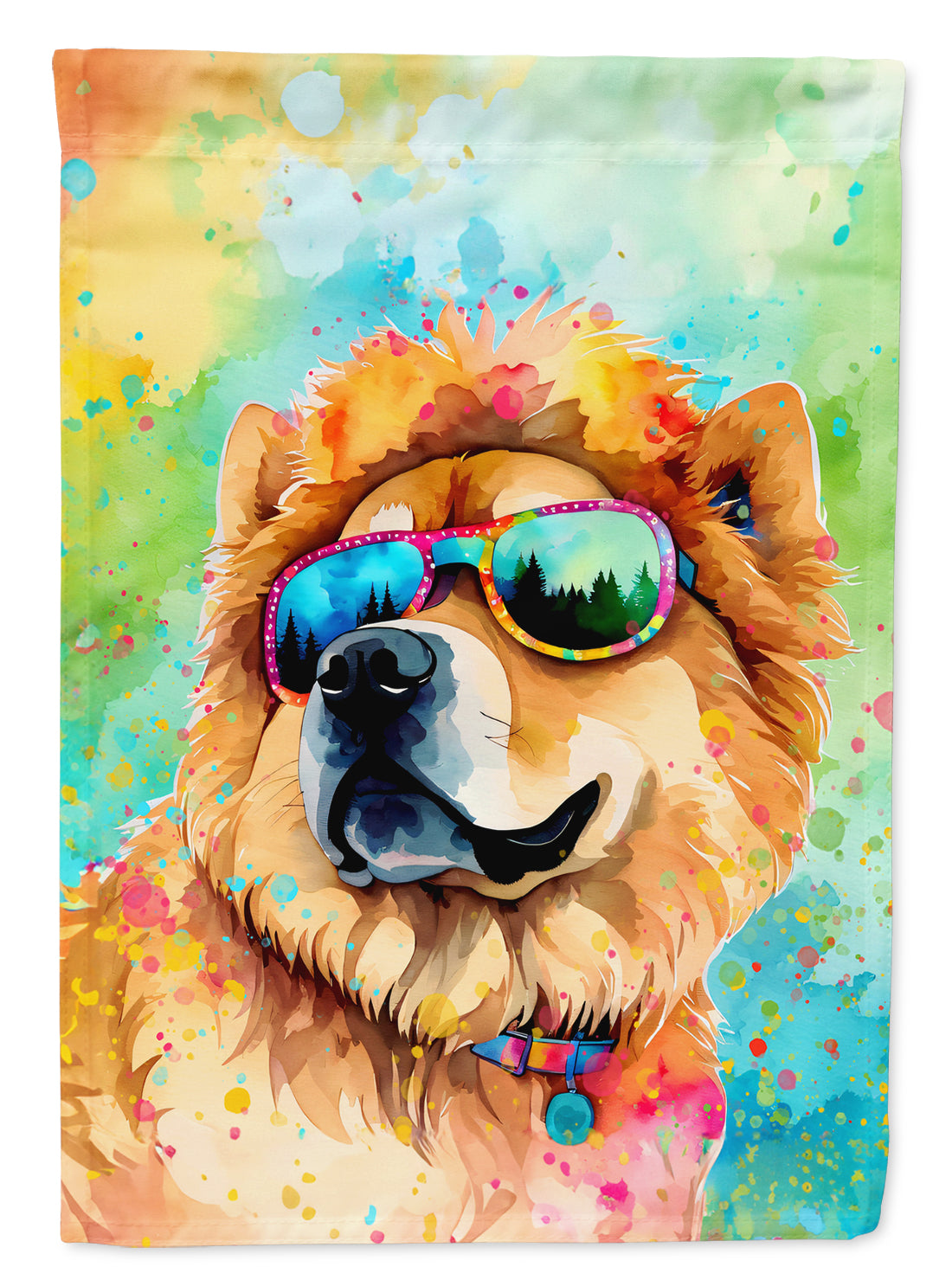 Chow Chow Hippie Dawg Garden Flag – Retro Dog with Sunglasses & Multicolored Background