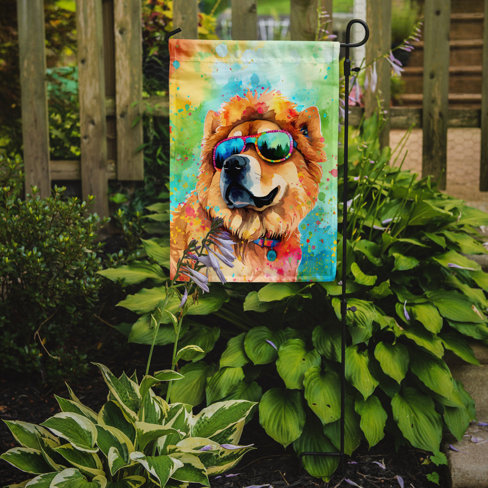 Chow Chow Hippie Dawg Garden Flag – Retro Dog with Sunglasses & Multicolored Background