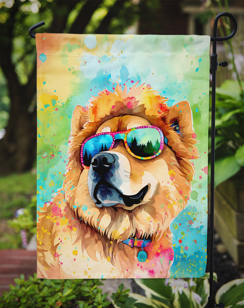 Chow Chow Hippie Dawg Garden Flag – Retro Dog with Sunglasses & Multicolored Background