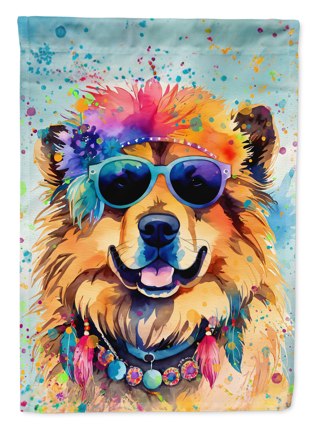 Chow Chow Hippie Dawg Garden Flag – Retro Dog with Sunglasses & Multicolored Background