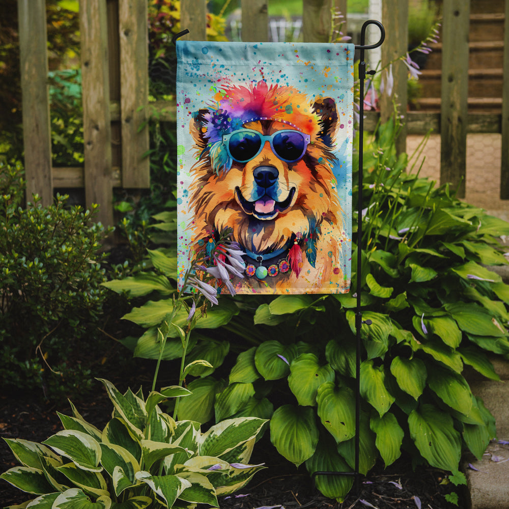 Chow Chow Hippie Dawg Garden Flag – Retro Dog with Sunglasses & Multicolored Background