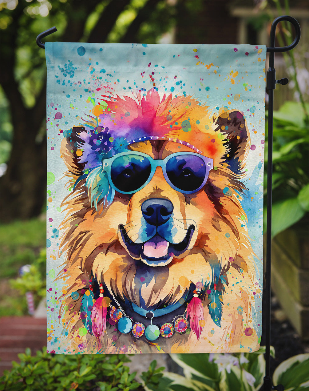 Chow Chow Hippie Dawg Garden Flag – Retro Dog with Sunglasses & Multicolored Background
