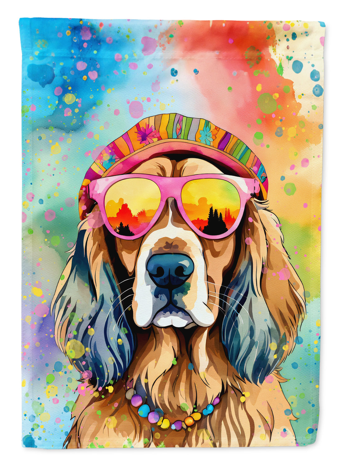 Cocker Spaniel Hippie Dawg Garden Flag – Retro Dog with Sunglasses & Multicolored Background
