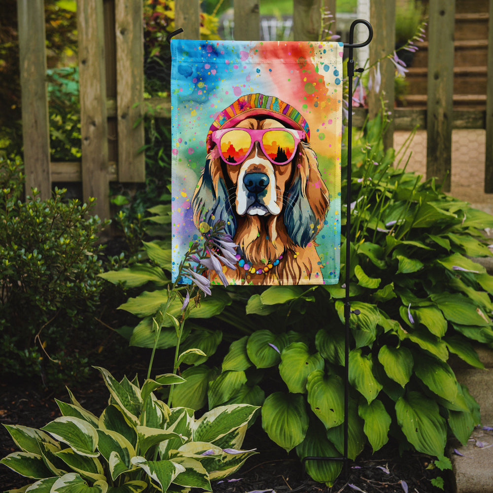 Cocker Spaniel Hippie Dawg Garden Flag – Retro Dog with Sunglasses & Multicolored Background