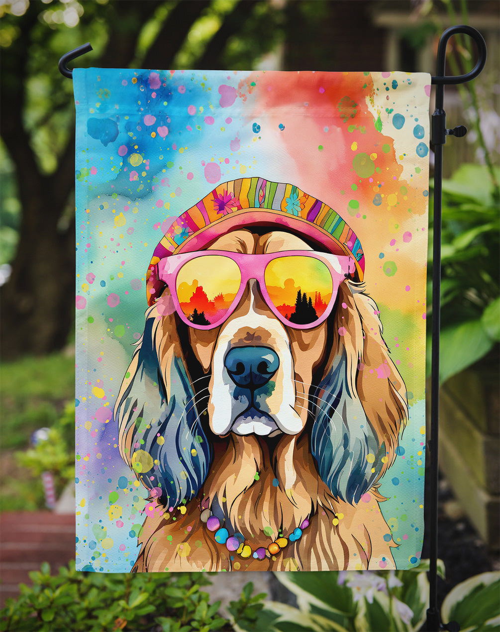 Cocker Spaniel Hippie Dawg Garden Flag – Retro Dog with Sunglasses & Multicolored Background