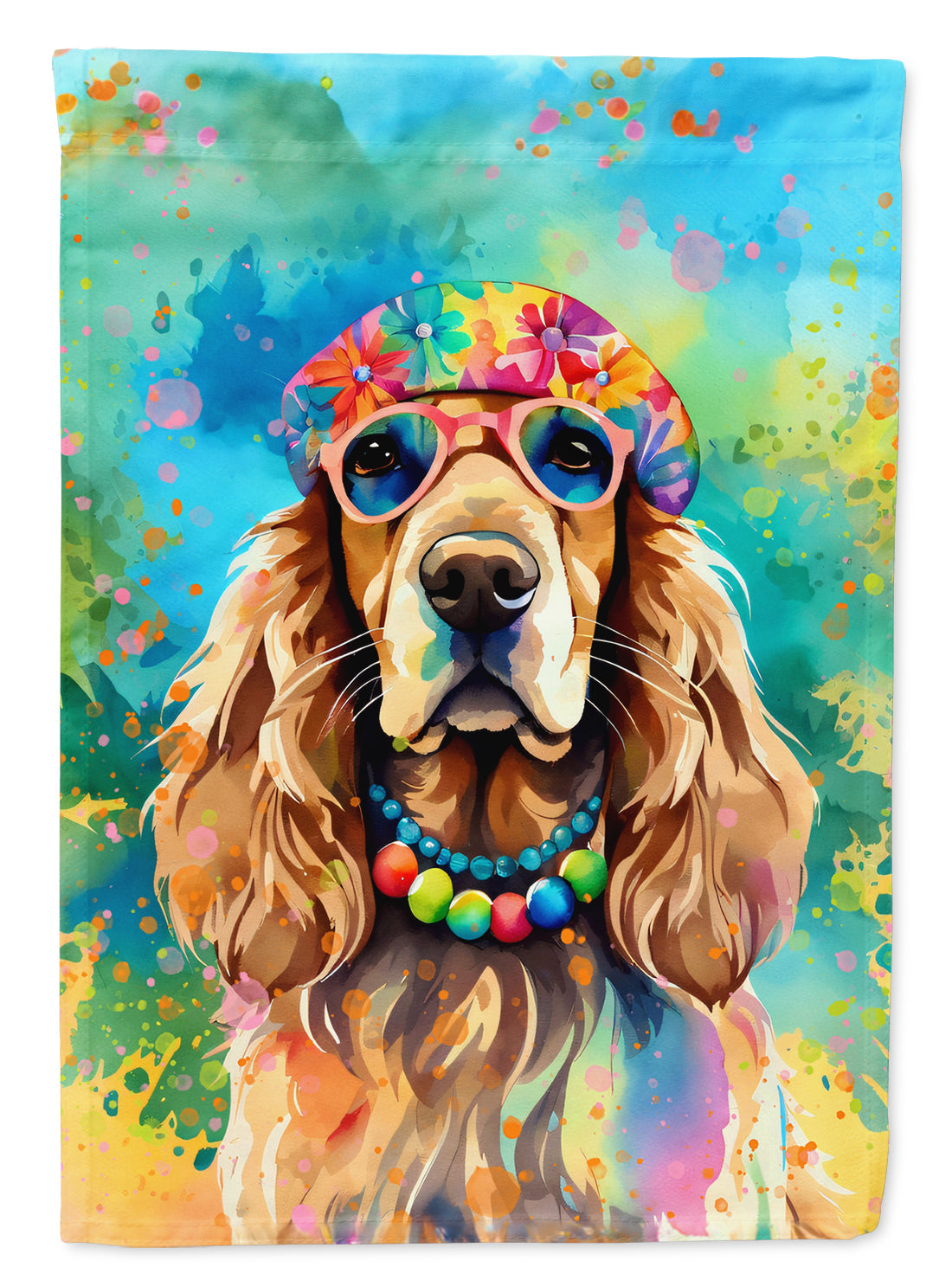 Cocker Spaniel Hippie Dawg Garden Flag – Retro Dog with Sunglasses & Multicolored Background