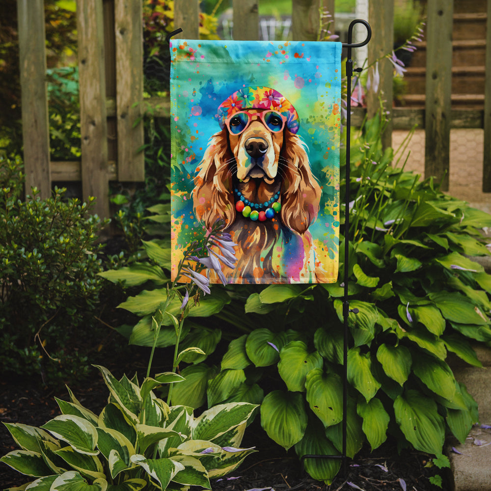 Cocker Spaniel Hippie Dawg Garden Flag – Retro Dog with Sunglasses & Multicolored Background