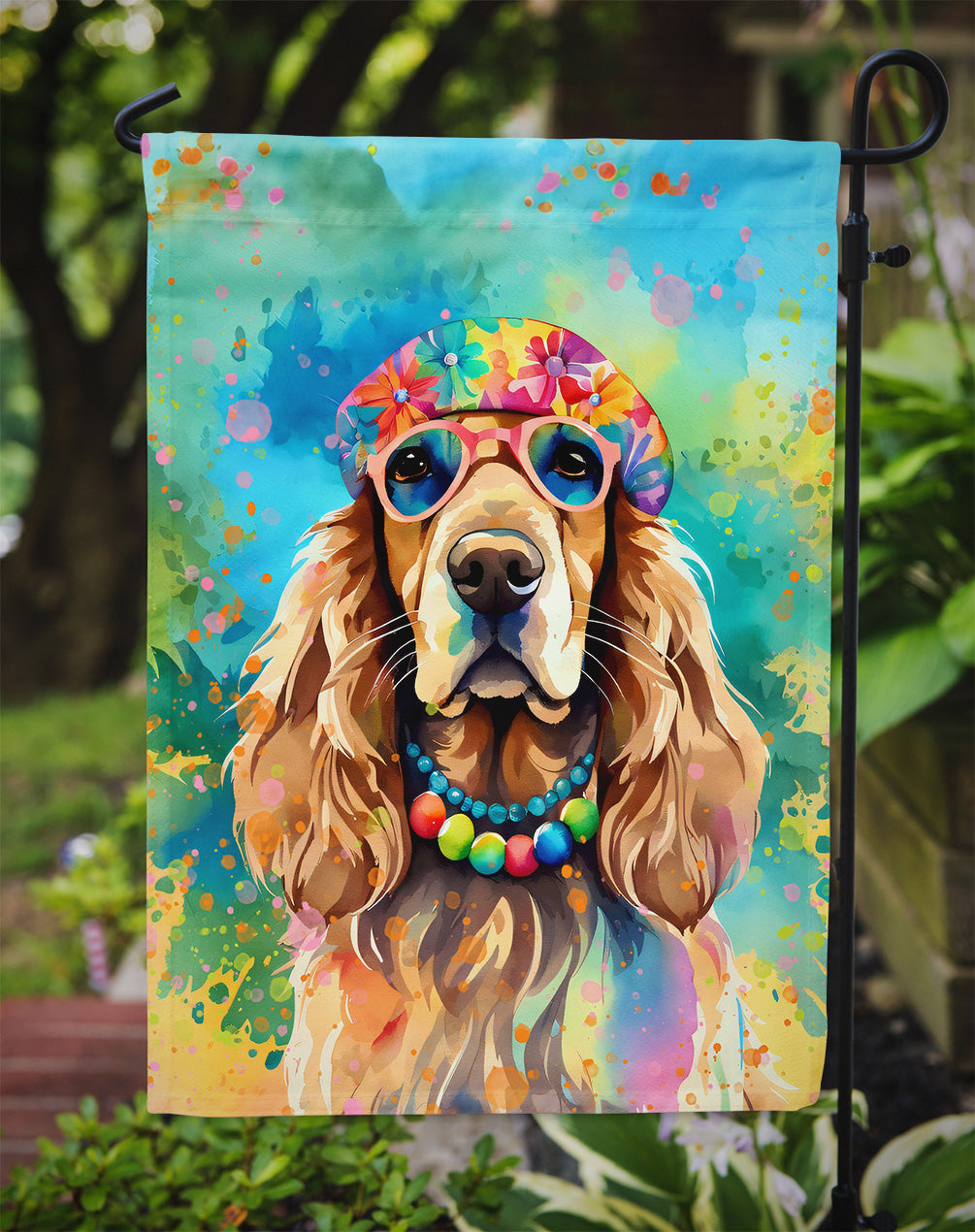 Cocker Spaniel Hippie Dawg Garden Flag – Retro Dog with Sunglasses & Multicolored Background