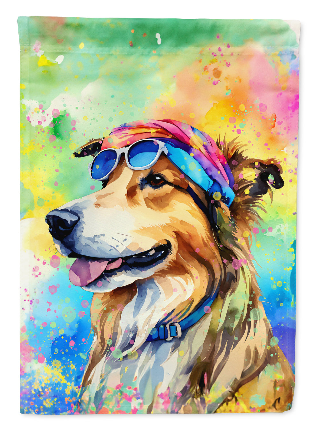 Collie Hippie Dawg Garden Flag – Retro Dog with Sunglasses & Multicolored Background