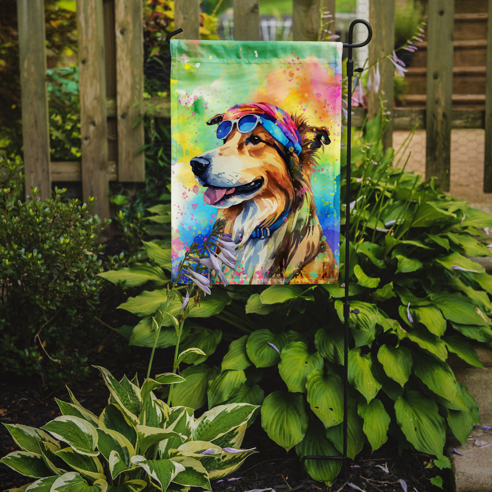 Collie Hippie Dawg Garden Flag – Retro Dog with Sunglasses & Multicolored Background