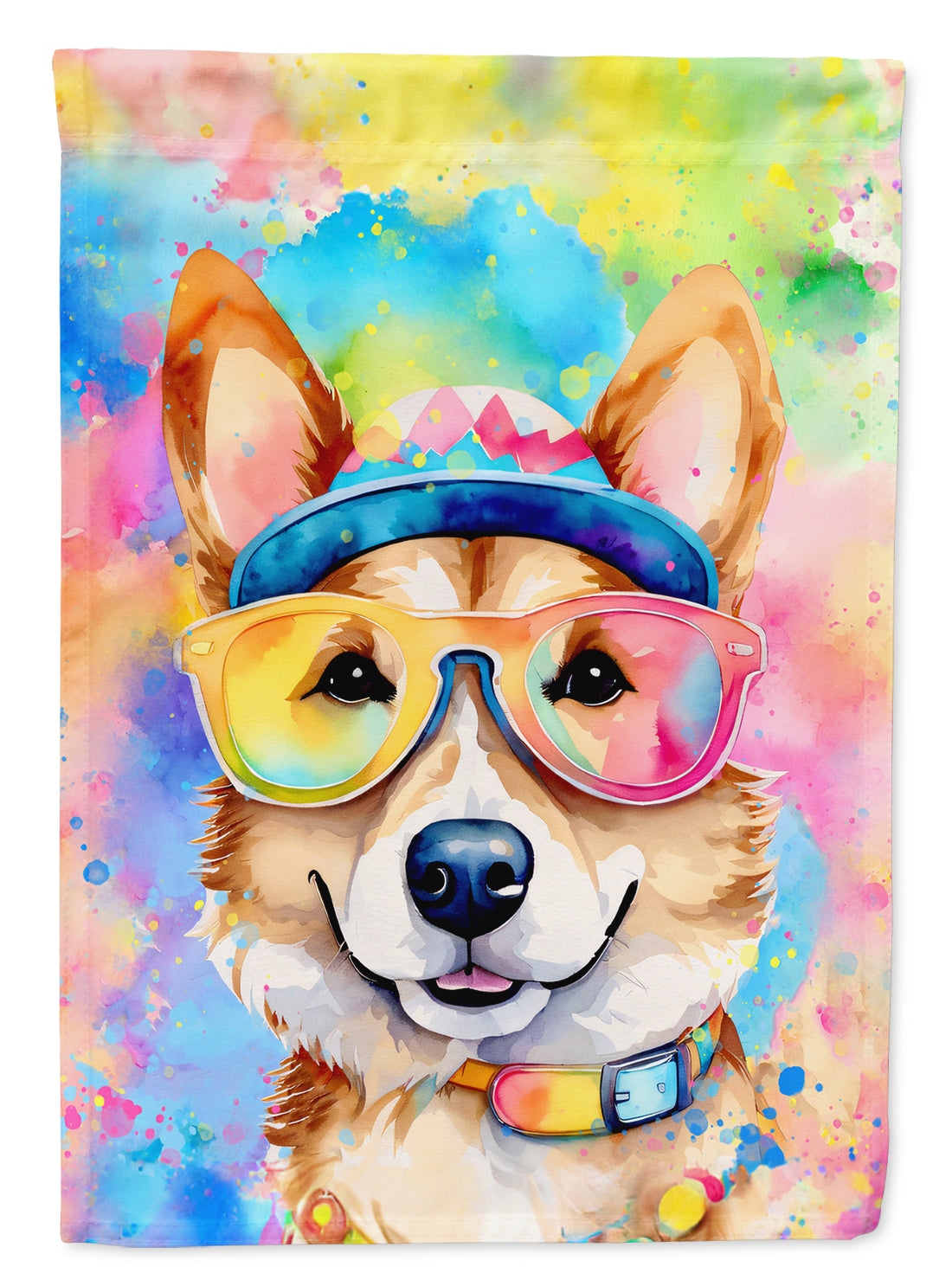 Corgi Hippie Dawg Garden Flag – Retro Dog with Sunglasses & Multicolored Background