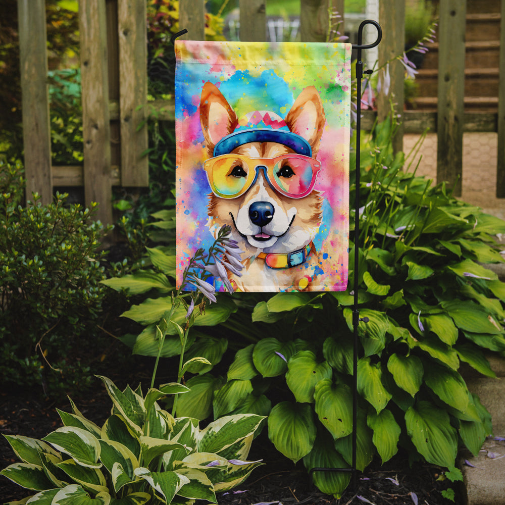 Corgi Hippie Dawg Garden Flag – Retro Dog with Sunglasses & Multicolored Background