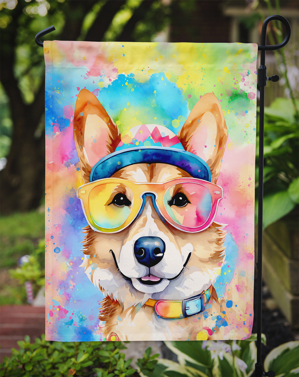Corgi Hippie Dawg Garden Flag – Retro Dog with Sunglasses & Multicolored Background