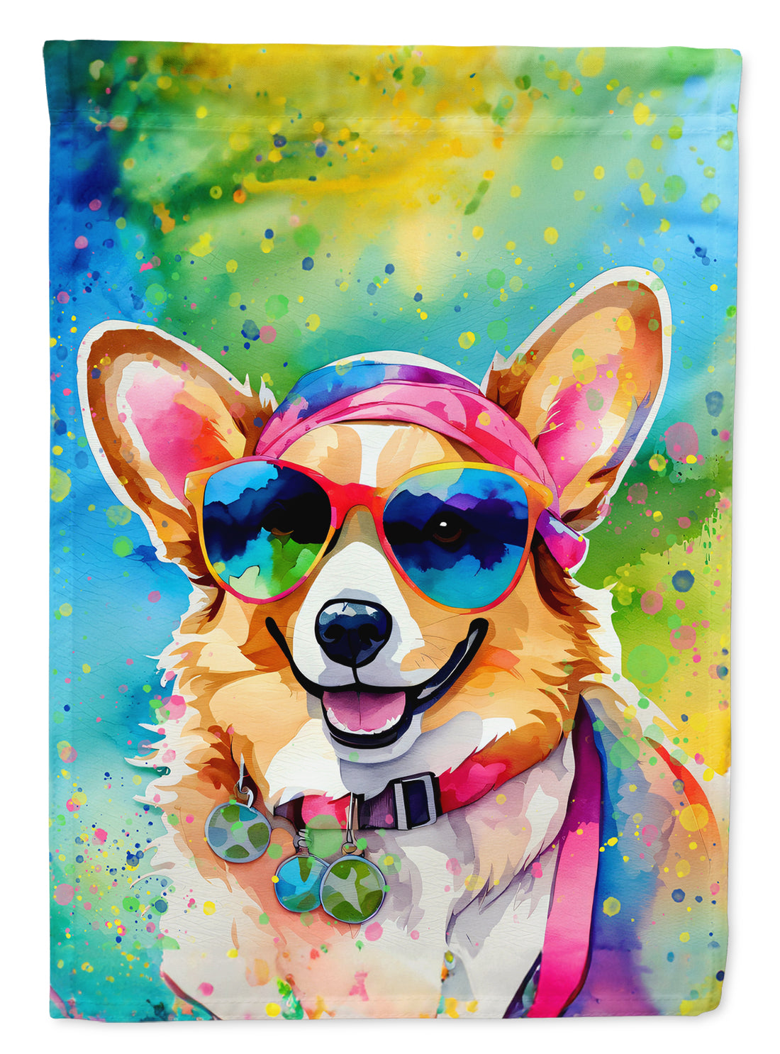 Corgi Hippie Dawg Garden Flag – Retro Dog with Sunglasses & Multicolored Background