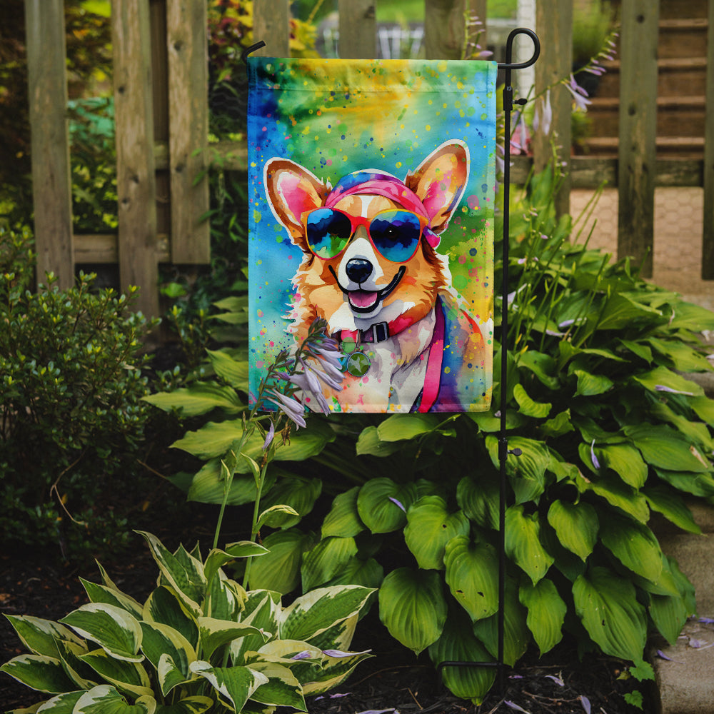 Corgi Hippie Dawg Garden Flag – Retro Dog with Sunglasses & Multicolored Background