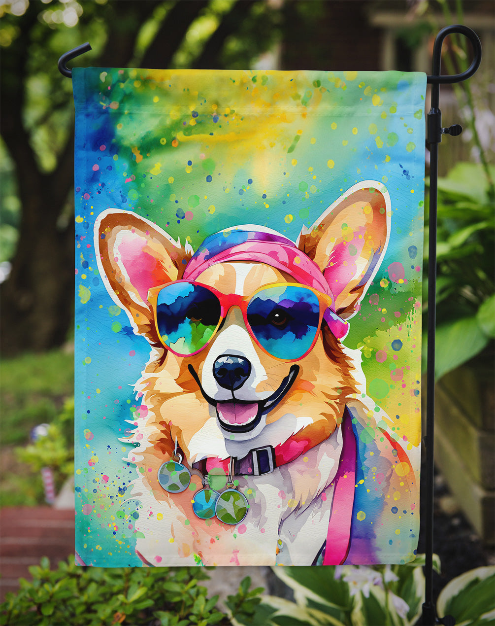 Corgi Hippie Dawg Garden Flag – Retro Dog with Sunglasses & Multicolored Background